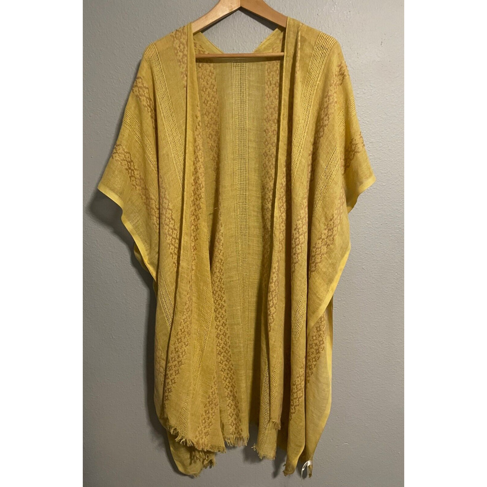Women Kimono One Size Yellow Geometric Embroidered Sheer Slit Duster Fringe READ